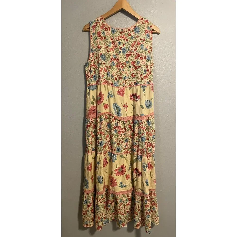 Studio Ease Dress Womens 14 Yellow Floral Tiered Maxi Boho Cottagecore Y2K - Picture 2 of 8